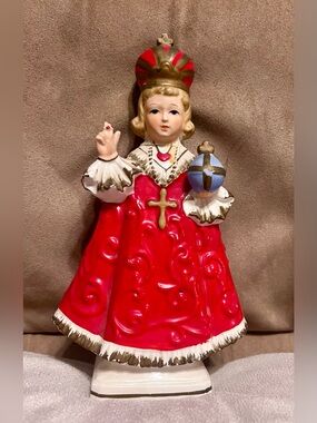 Infant of Prague Ceramic Statue Figurine Red Robe Gold Crown Christian